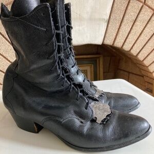 Vintage Black Leather Lace Up Heeled Boot Women’s Size 8